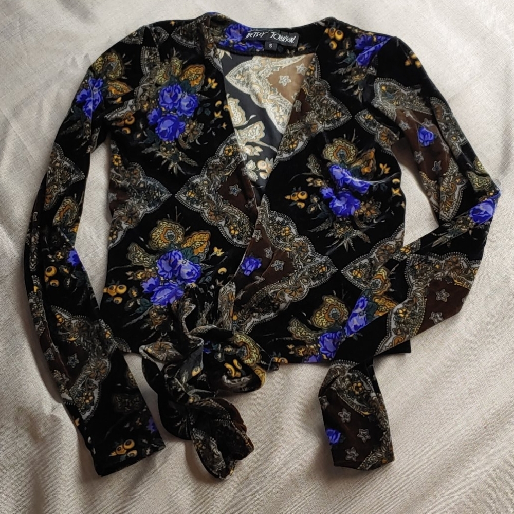 Betsey Johnson printed black velour wrap top